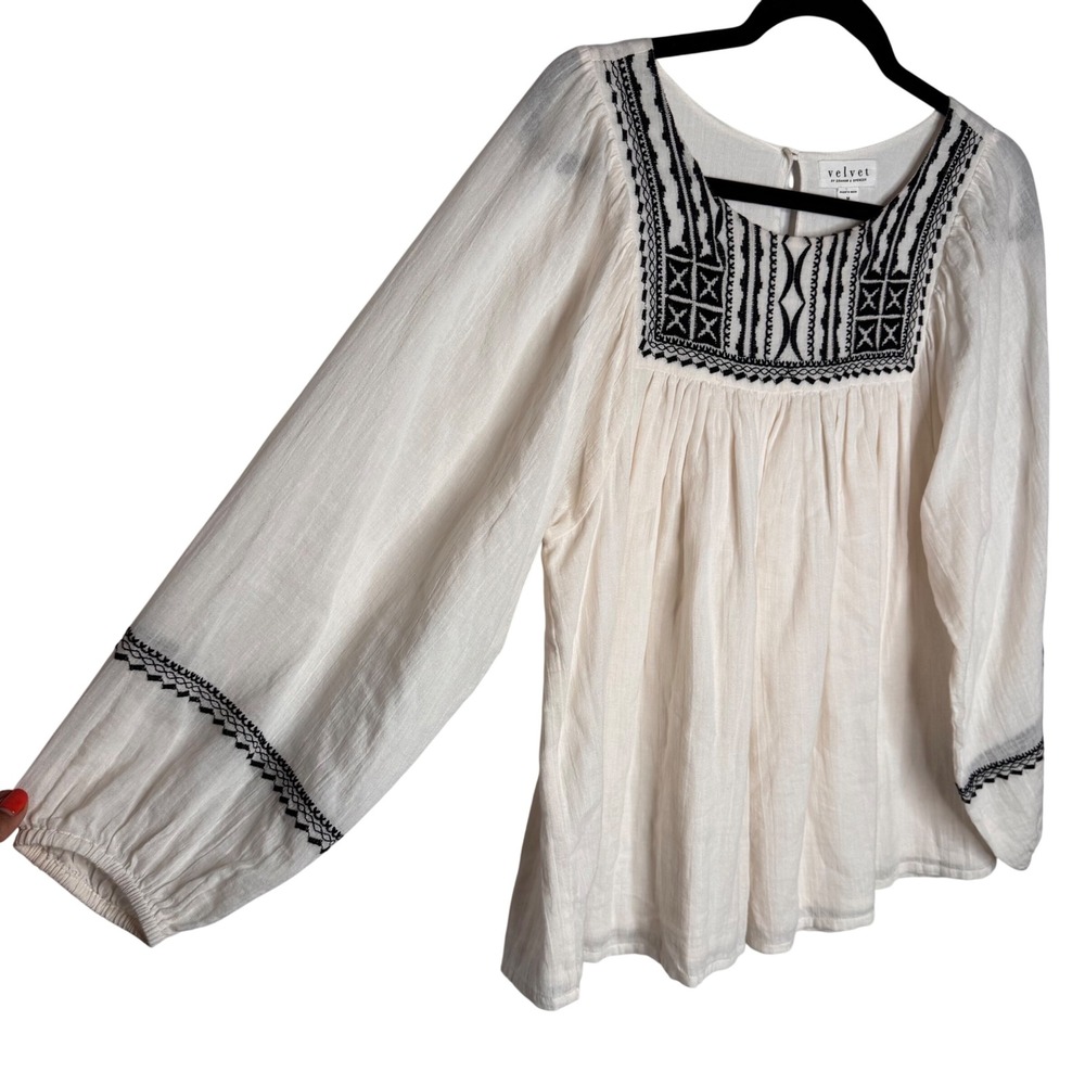 Velvet by Graham & Spencer 100% Cotton Embroidered Peasant Ivory Blouse Top Med - Picture 6 of 12